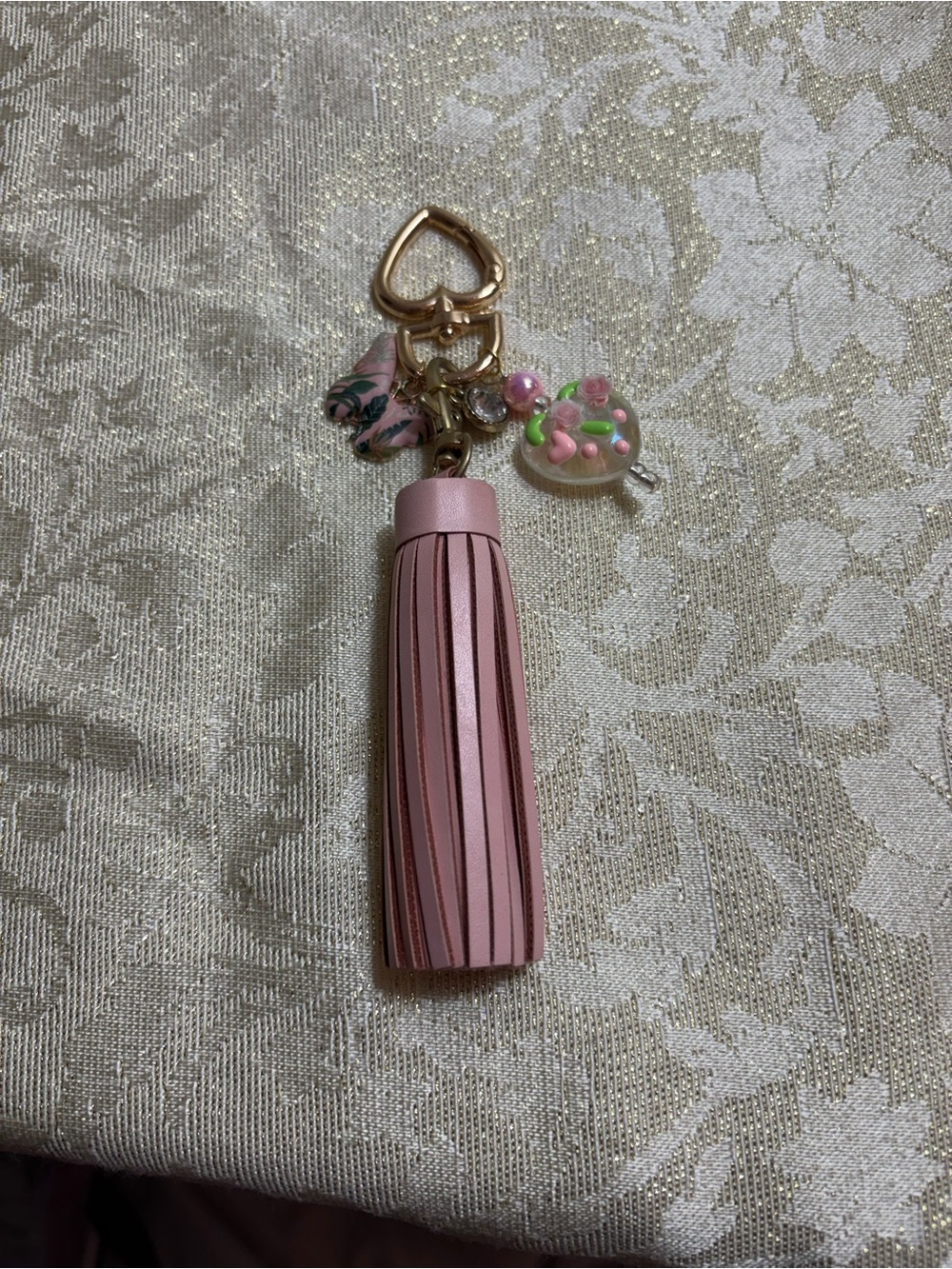 Pink Tassel Handbag Charm with Heart Clip and Charm Accents